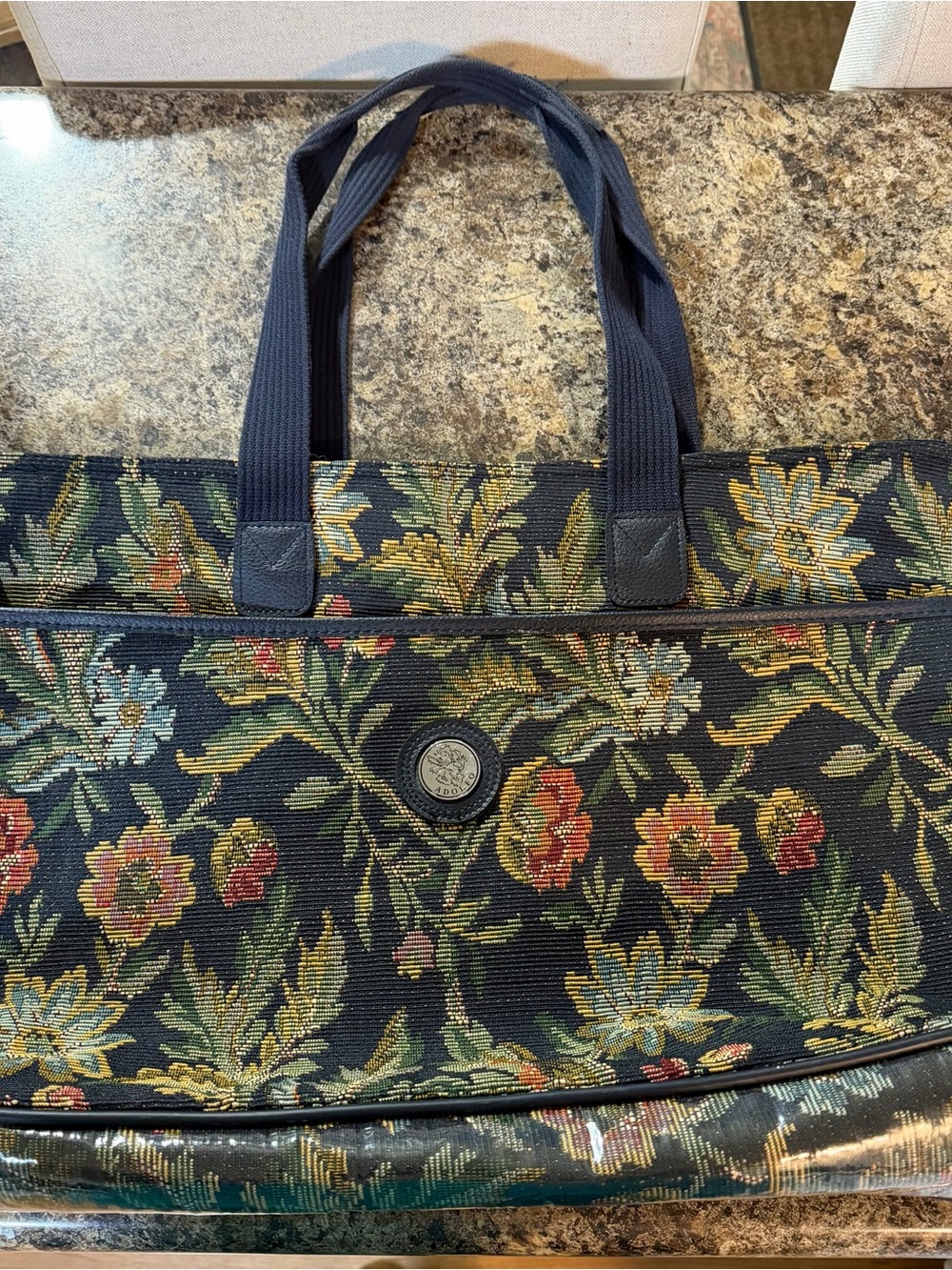 Vintage Adolfo Navy Floral Tapestry Tote
